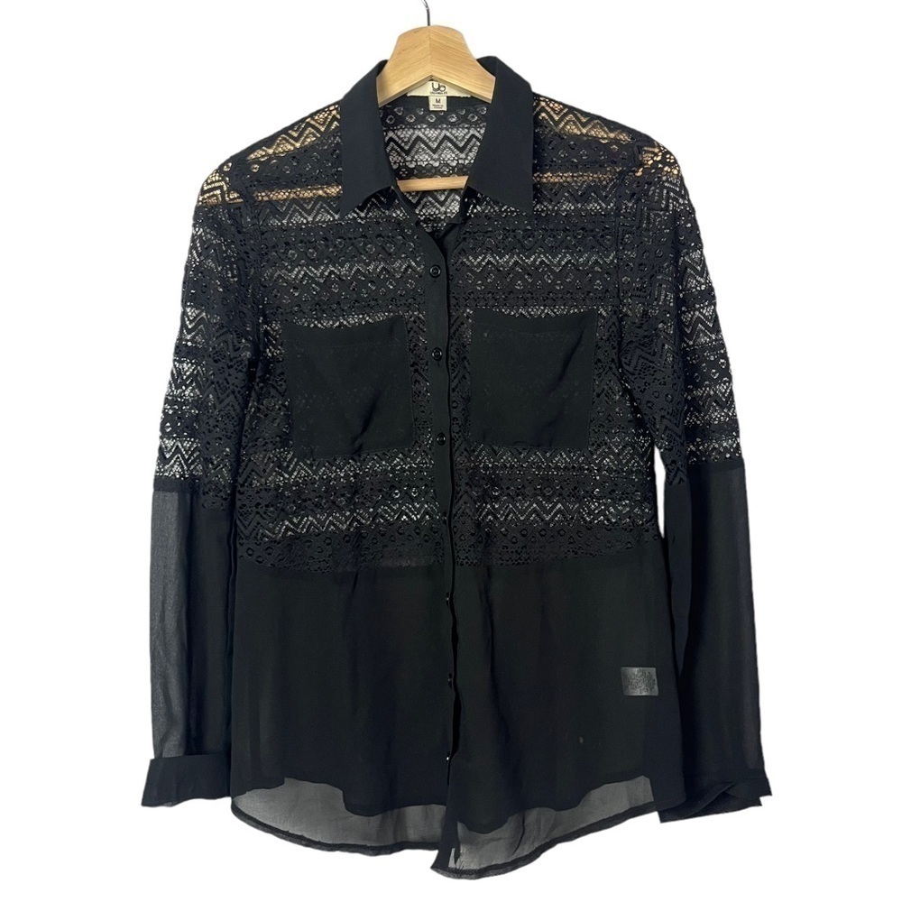 Ya Los Angeles Black Lace Chiffon Long Sleeve Button Down M